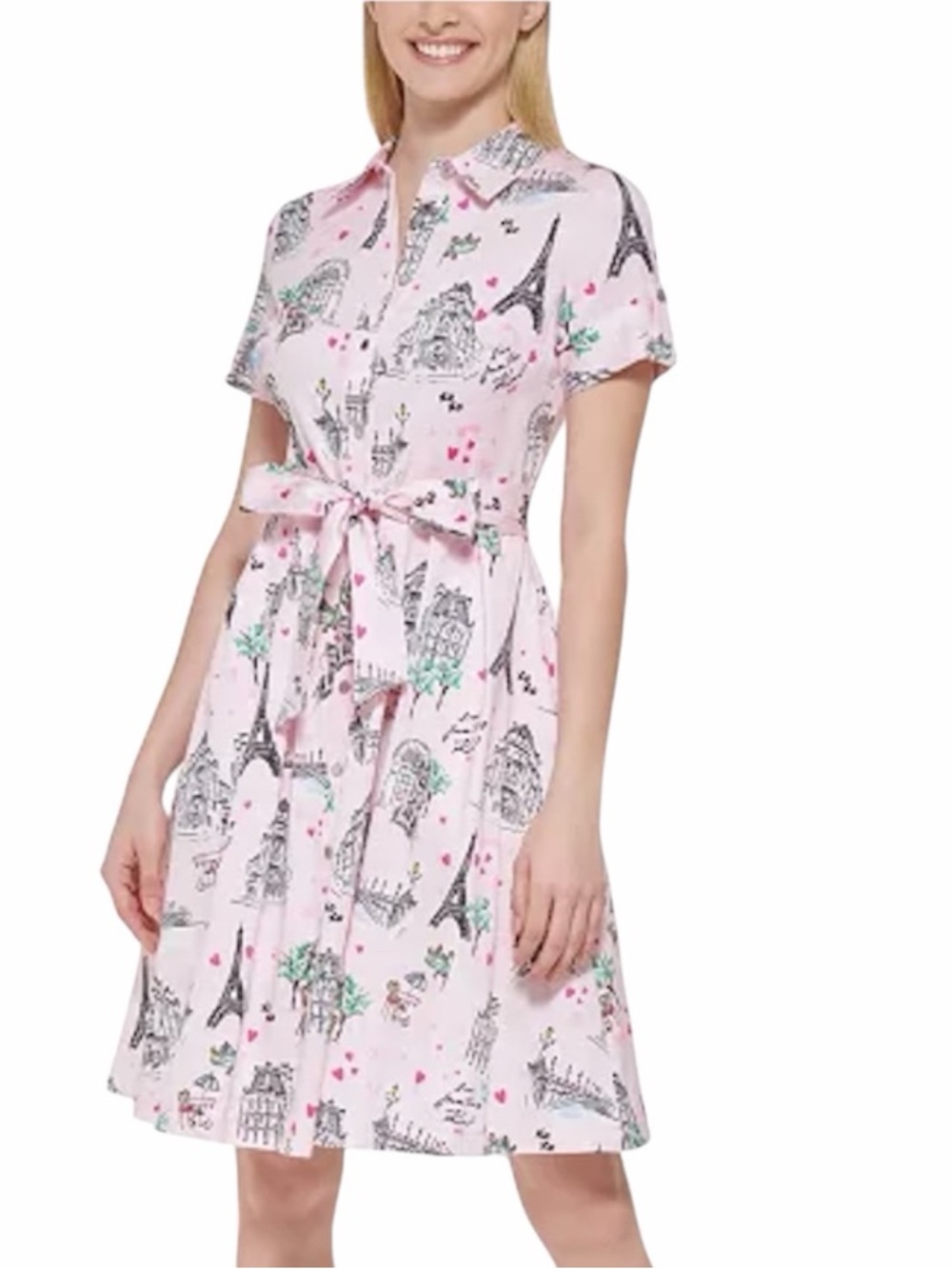 KARL LAGERFELD Pink Paris Print Fit & Flare Button Front Midi Dress Sz 10